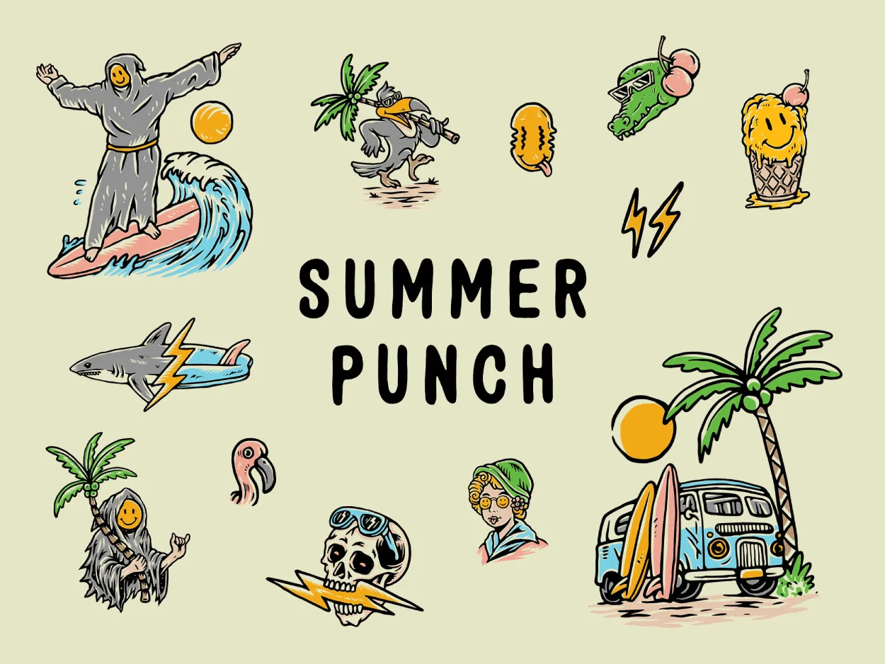 Hand-drawn summer illustrations in bright vector style for print and web use