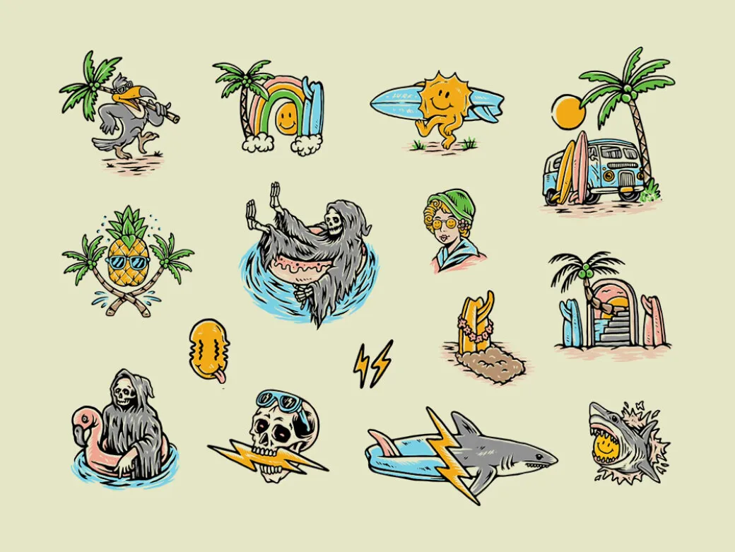 Hand-drawn summer illustrations in bright vector style for print and web use