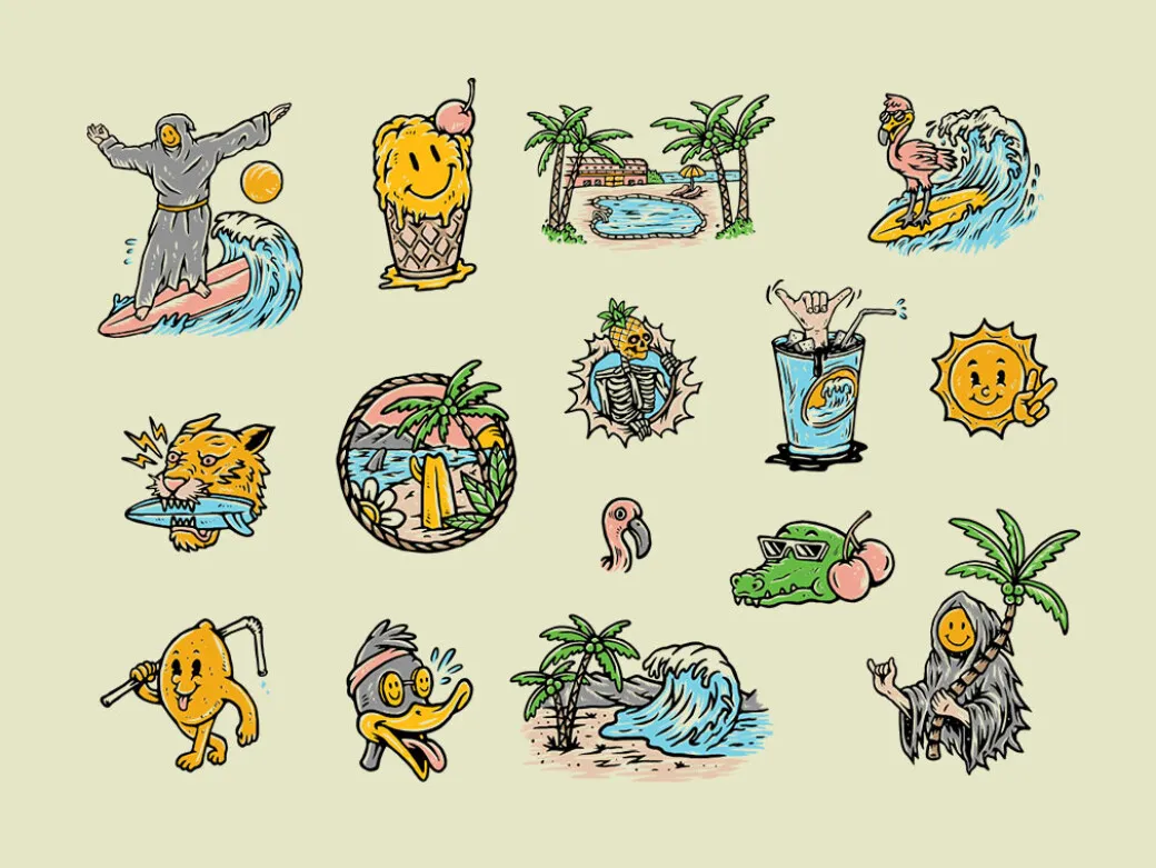 Hand-drawn summer illustrations in bright vector style for print and web use